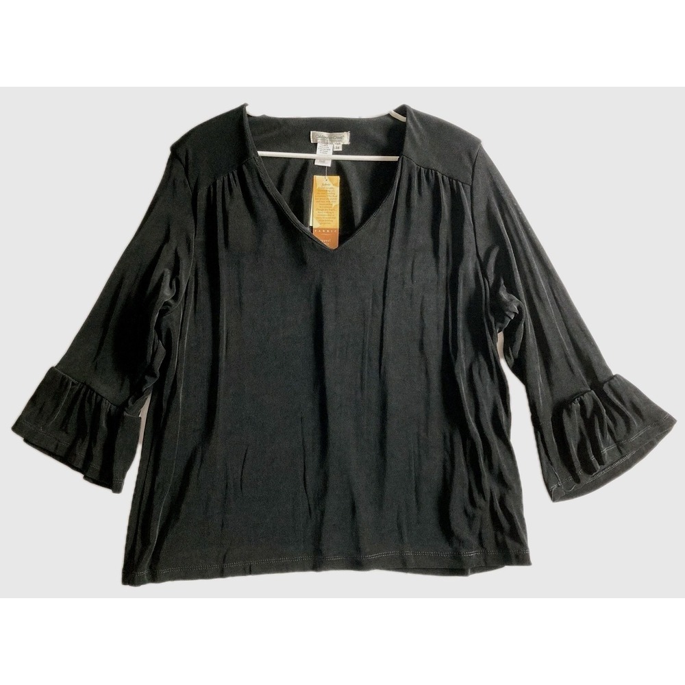 Vtg Coldwater Creek Blouse Women 3X Blk V Neck 3/4 Sleeve Ruffle Bell Cuff NWT